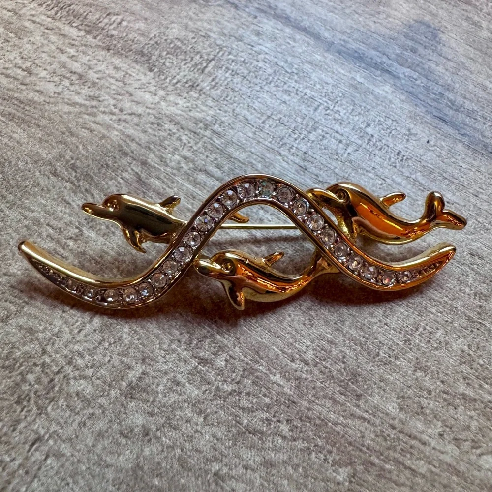Swimming Dolphins Riding Rhinestone Wave Pin Brooch 2 Tone Costume Unsigned
